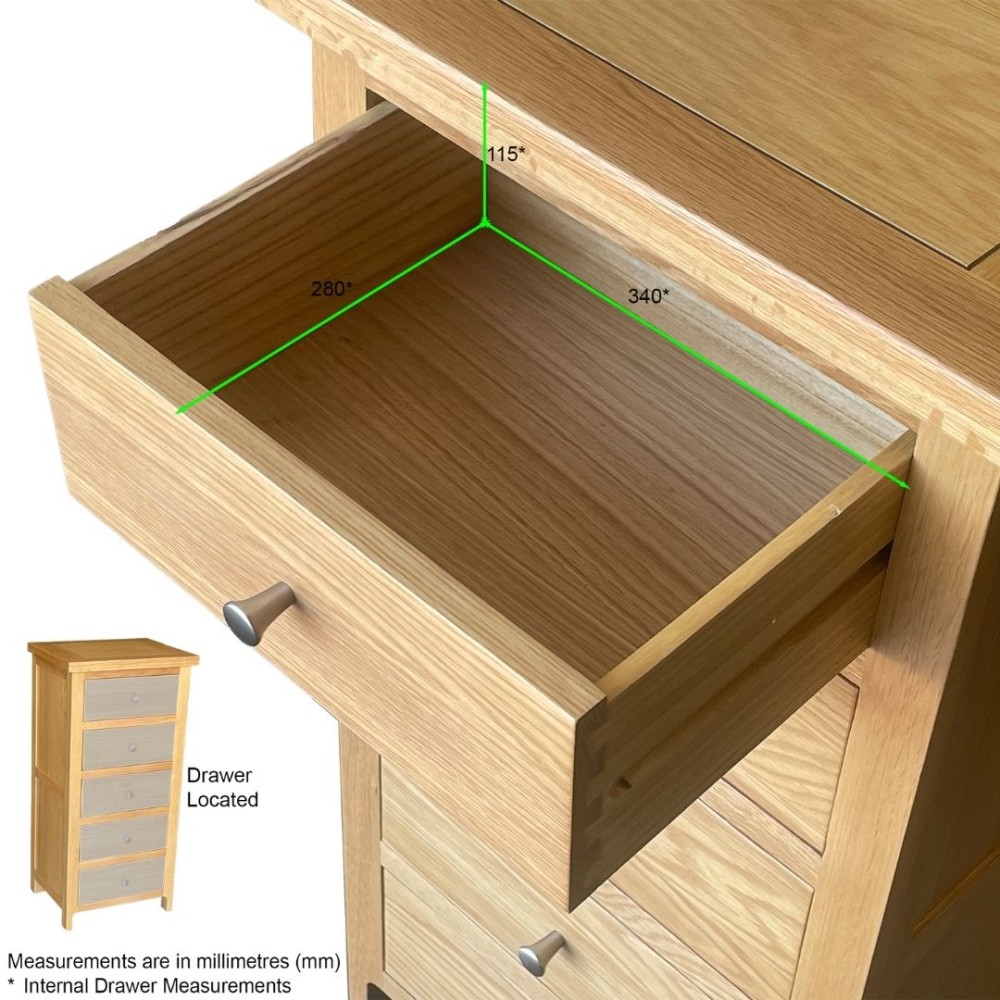 Como Oak 5 Drawer Tall Chest of Drawers