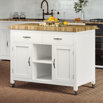 Kitchen Island (White) with Butchers Block