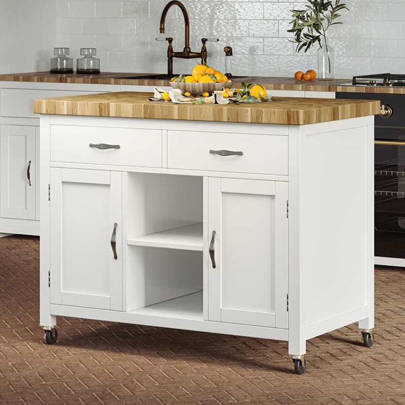 Kitchen Island (White) with Butchers Block