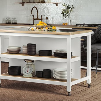 Kitchen Island (White) Open with Breakfast Bar