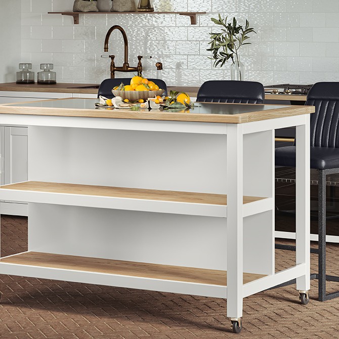 Kitchen Island (White) Open with Breakfast Bar