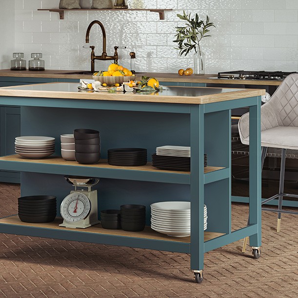 Kitchen Island (Blue) Open with Breakfast Bar
