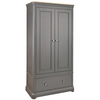 Pebble Grey Painted 2 Door Double Wardrobe With Drawer