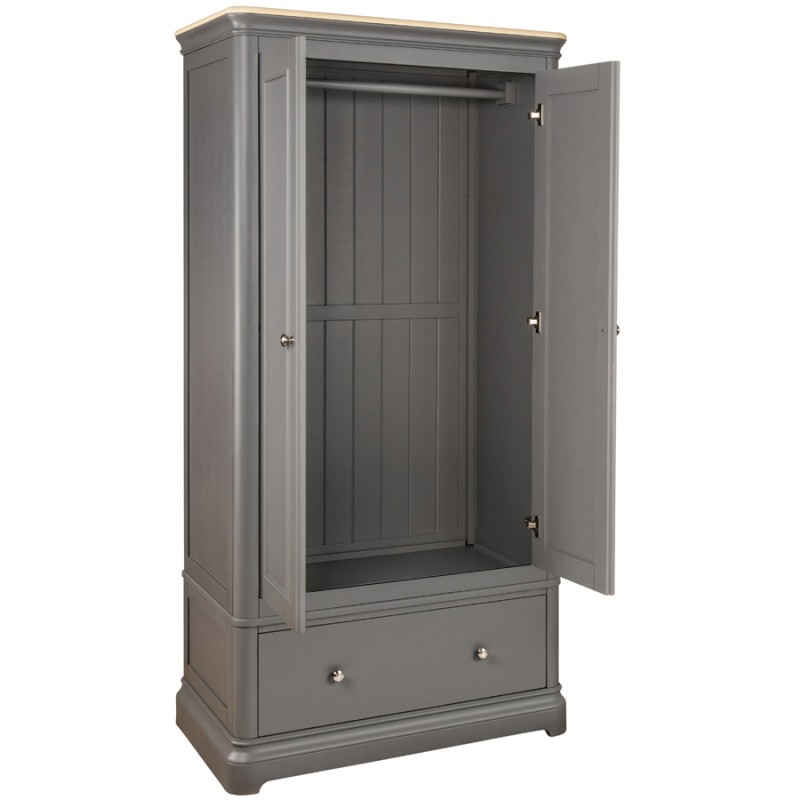 Pebble Grey Painted 2 Door Double Wardrobe With Drawer