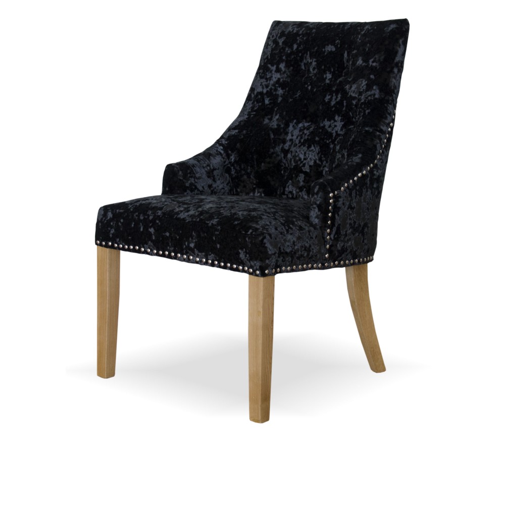 Bergen Black DEEP Crushed Velvet Fabric Oak Chair Bergen Black DEEP Crushed Velvet Fabric Oak Chair